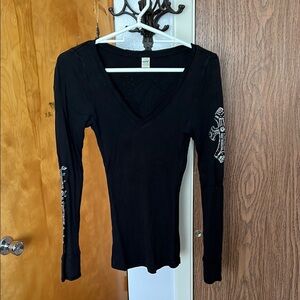 Black Fitted Long Sleeve Blouse with Embellished Sleeves